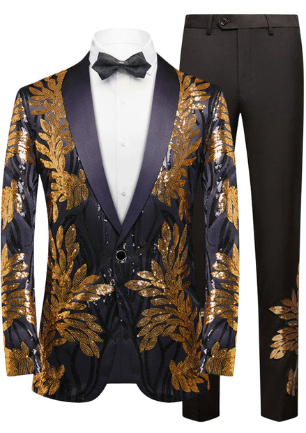 Gold and black sequin tuxedo with bow tie on a white background