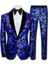 Blue and black patterned suit with a bow tie on a white background