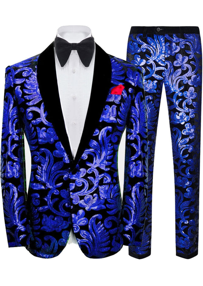 Blue and black patterned suit with a bow tie on a white background