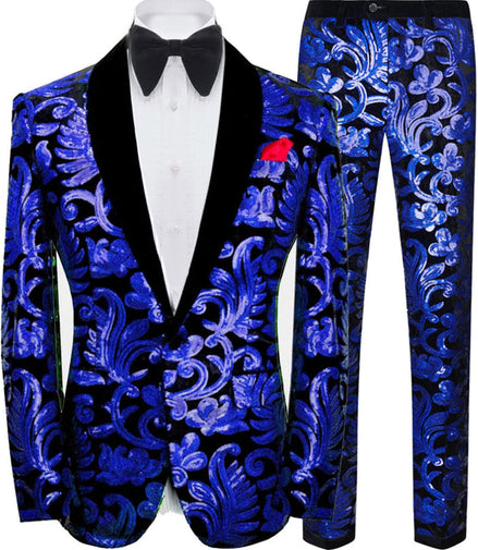 Blue and black patterned suit with a bow tie on a white background