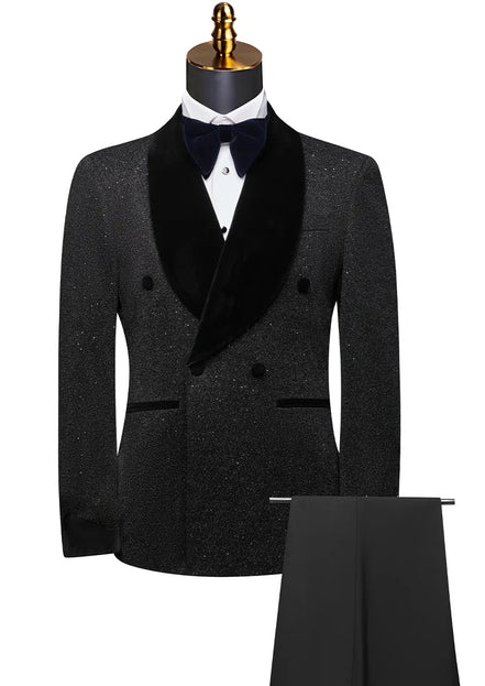 Black tuxedo with bow tie on a mannequin against a white background