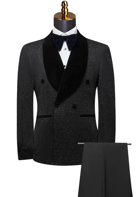 Black stardust glitter tuxedo jacket and velvet-trimmed trousers 2-piece set front view