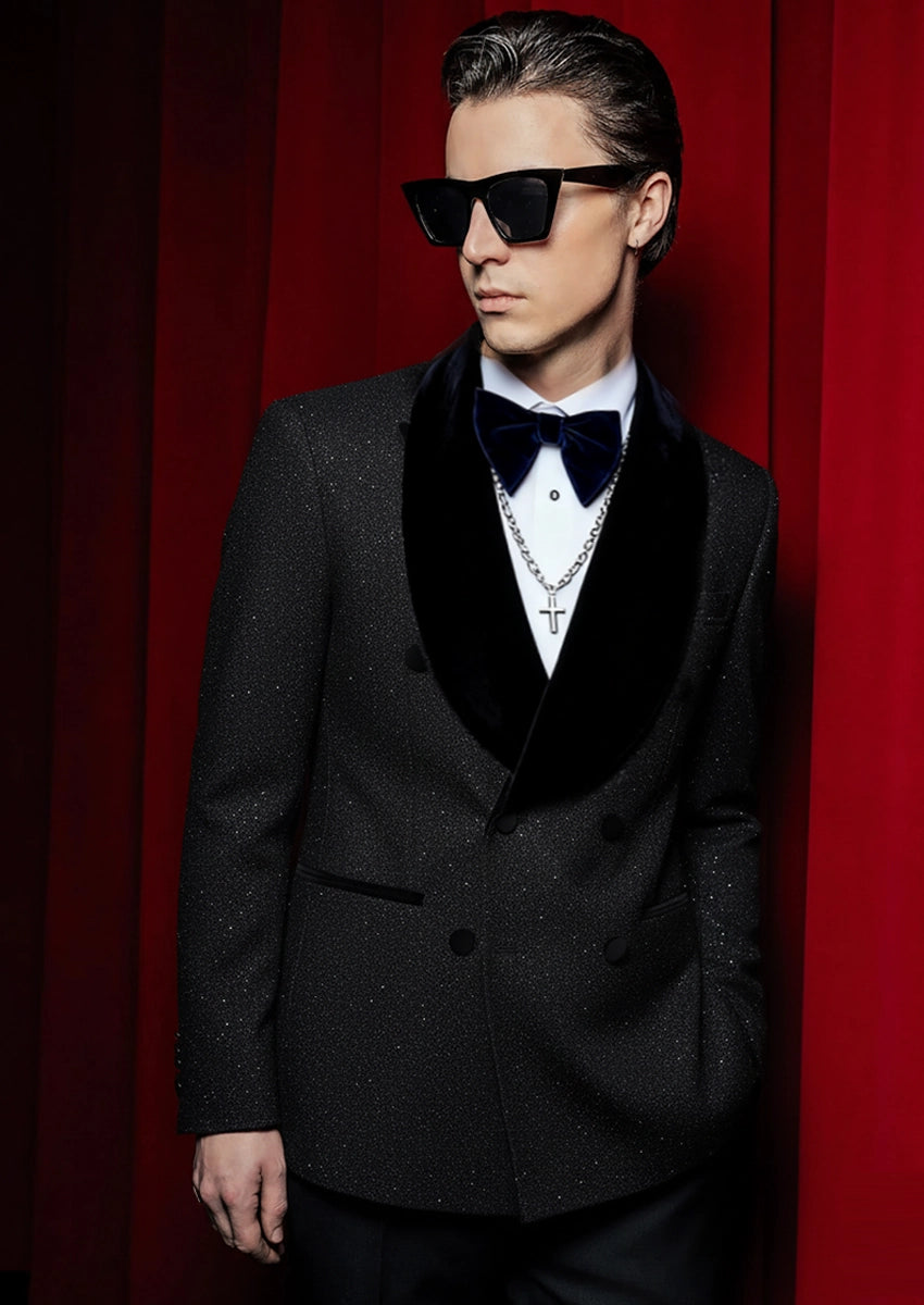 Man wearing The Midnight Nebula black glitter double-breasted tuxedo set - Nevo Suits