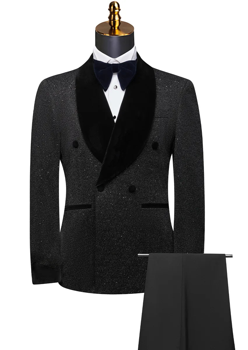 Black tuxedo with bow tie on a mannequin against a white background