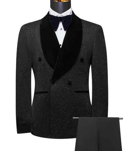 Black tuxedo with bow tie on a mannequin against a white background
