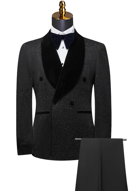 Black tuxedo with bow tie on a mannequin against a white background