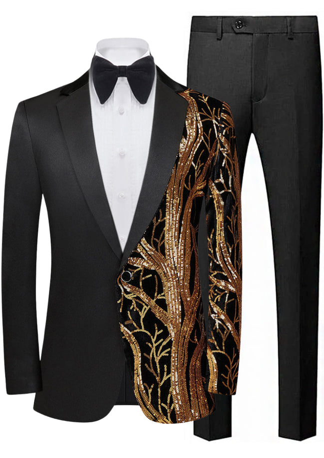 Black tuxedo with gold sequin details on a white background