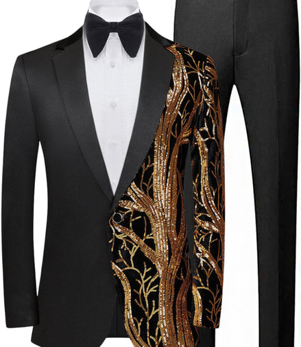 Black tuxedo with gold sequin details on a white background