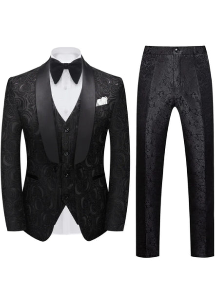 Men's 3-Piece Black Rose Embroidery Shawl Lapel Wedding Tuxedo