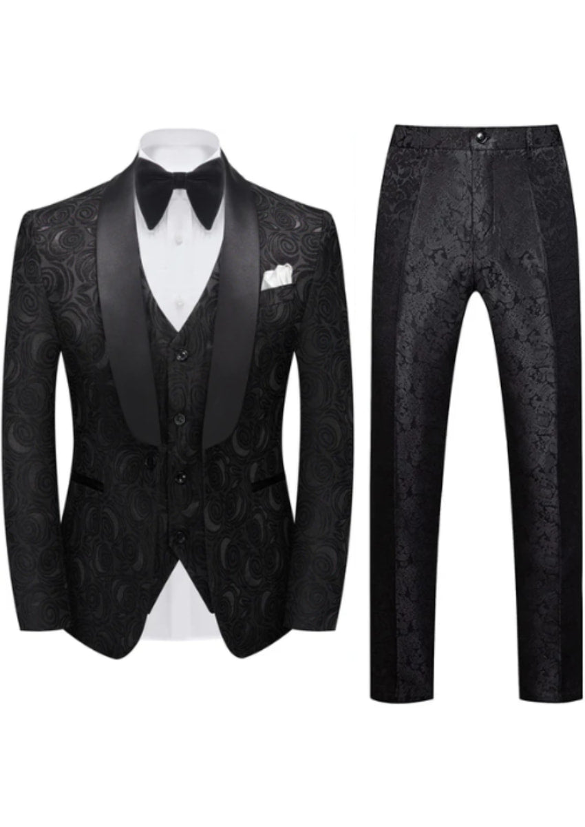 Men's 3-Piece Black Rose Embroidery Shawl Lapel Wedding Tuxedo
