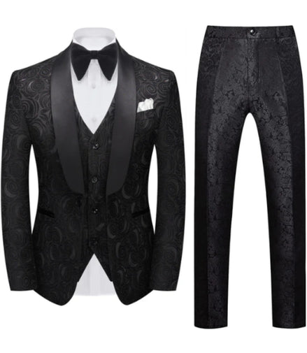 Men's 3-Piece Black Rose Embroidery Shawl Lapel Wedding Tuxedo