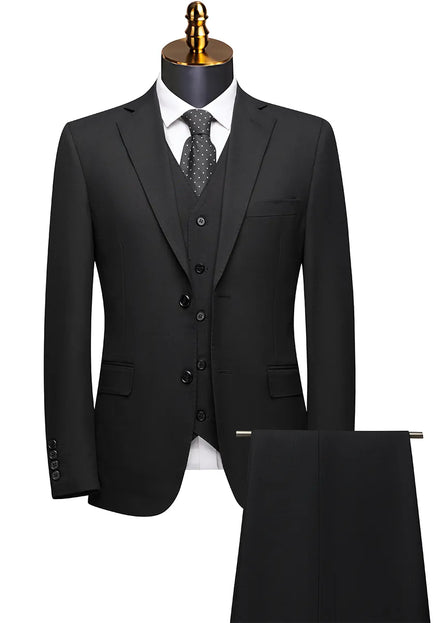 Black suit with vest and tie on a mannequin against a white background