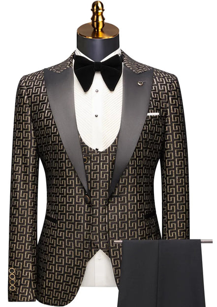 Patterned tuxedo with black lapels on a mannequin against a white background