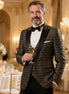 Men’s 3-Piece Black Tuxedo with Gold Embroidery and Barge Collar