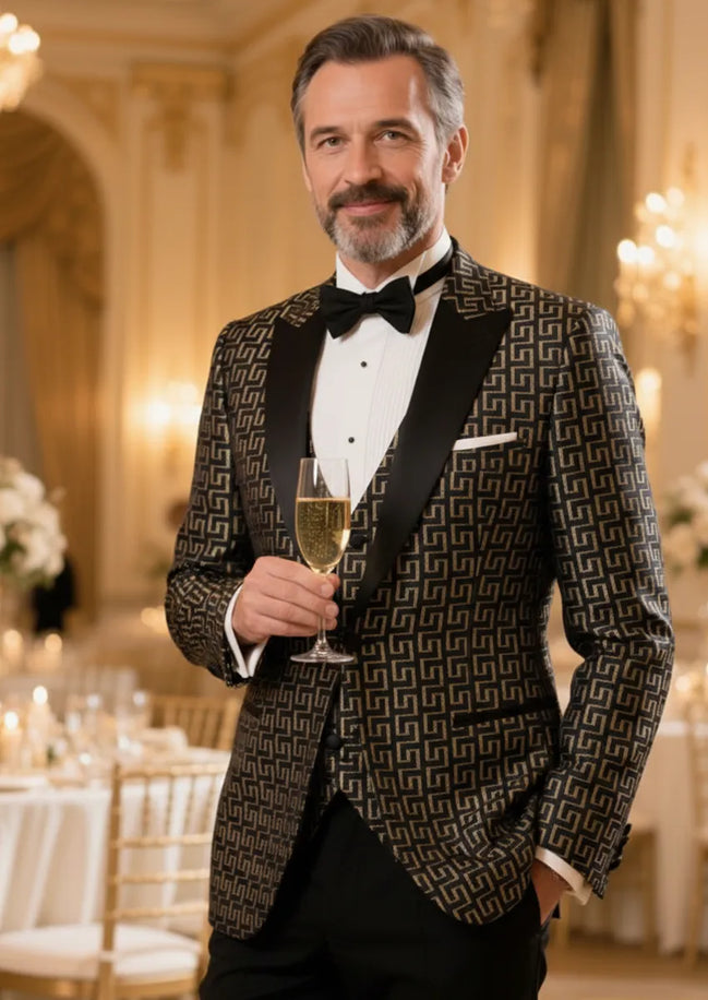 Men’s 3-Piece Black Tuxedo with Gold Embroidery and Barge Collar