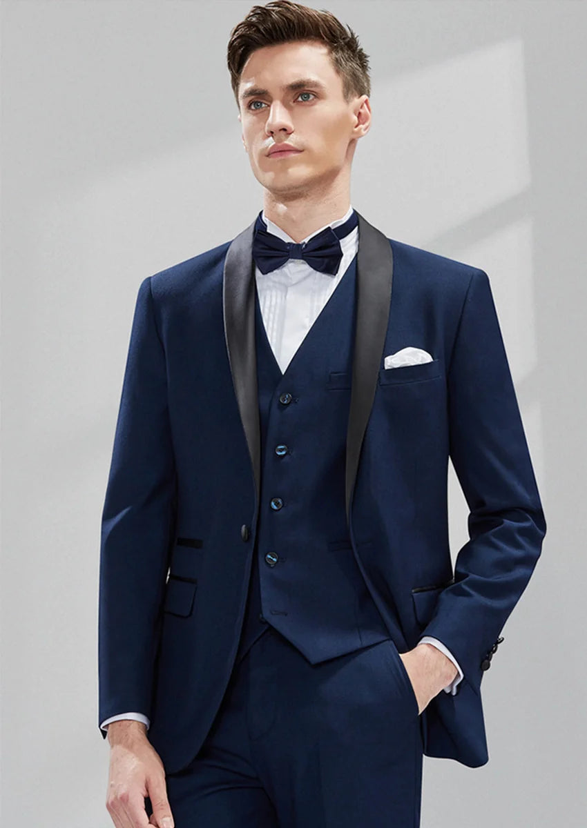 Men's 3-Piece Classic Groom Dresses Navy Blue Groomsmen Suit