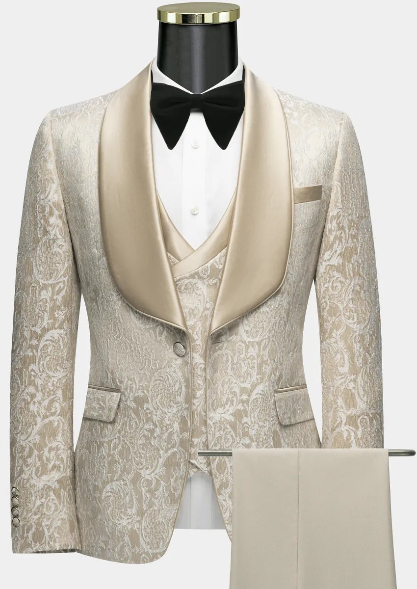 Men’s Tan Jacquard 3-Piece Wedding Groom Tuxedo