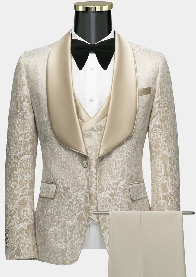 Men’s Tan Jacquard 3-Piece Wedding Groom Tuxedo