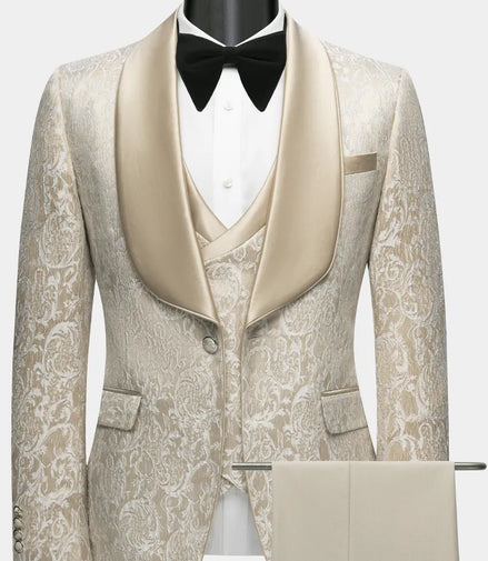 Men’s Tan Jacquard 3-Piece Wedding Groom Tuxedo