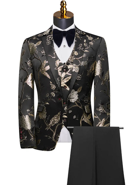 Floral patterned suit jacket and pants on a mannequin with a white background