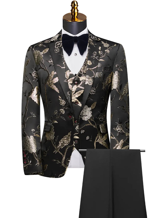 Floral patterned suit jacket and pants on a mannequin with a white background