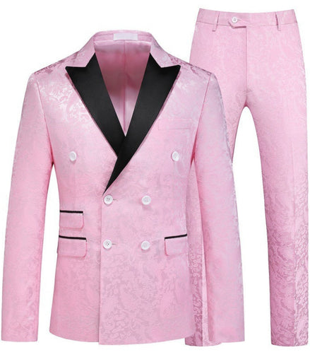Pink tuxedo with black lapels on a white background