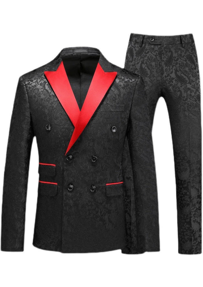Black suit with red lapels on a white background