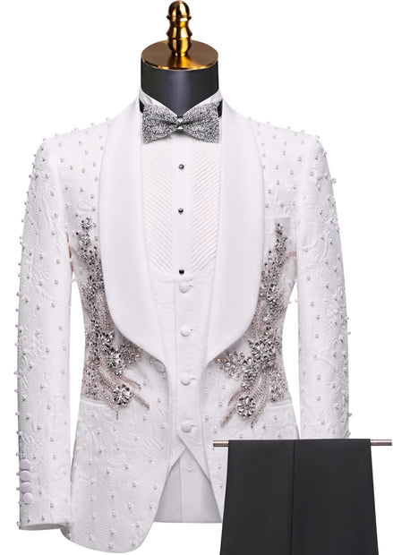 White tuxedo with silver embellishments on a mannequin against a white background