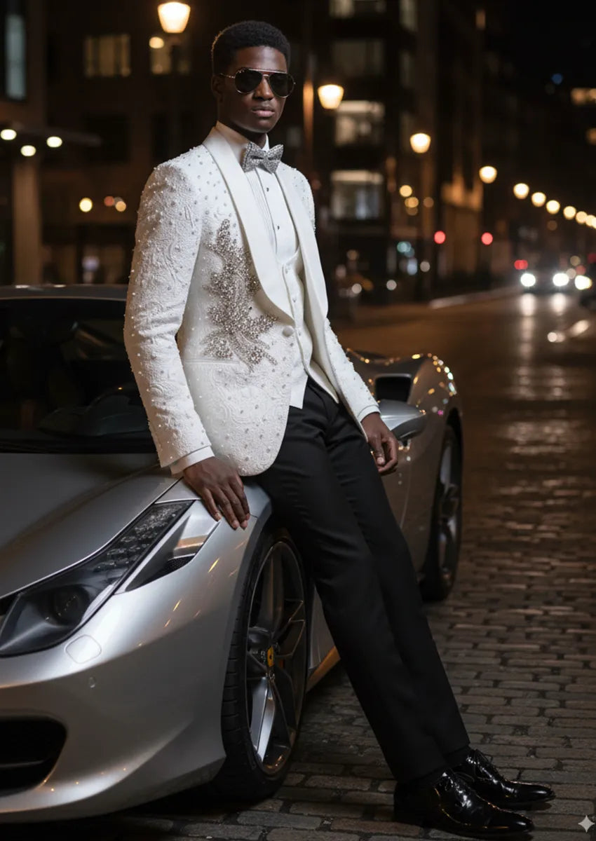 Model wearing Pearl Symphony white 3D jacquard tuxedo with hand-set pearls and silver crystal appliqués - Nevo Suit™
