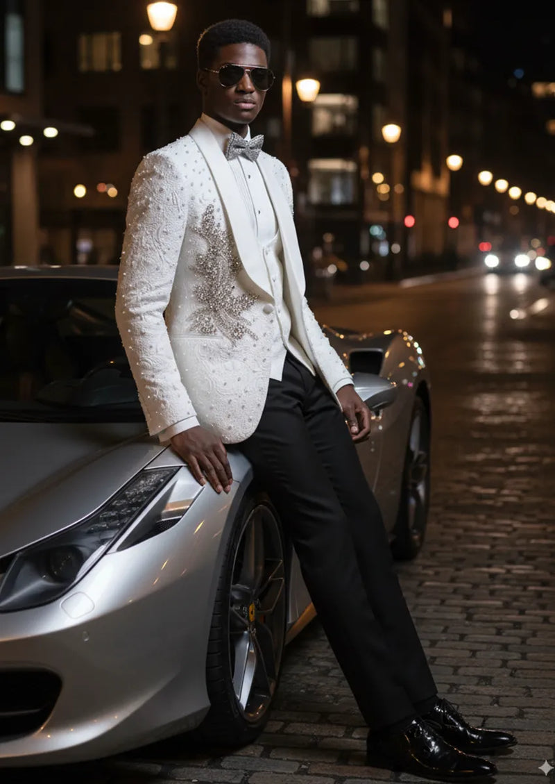 Man wearing The Celestial Pearl all white tuxedo with pearls and silver crystals for wedding - Nevo Suits