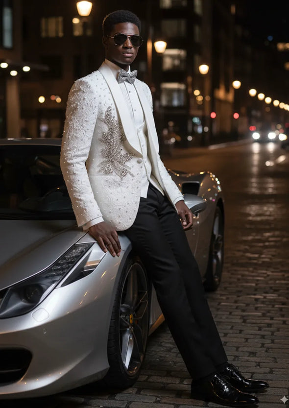 Model wearing Pearl Symphony white 3D jacquard tuxedo with hand-set pearls and silver crystal appliqués - Nevo Suit™