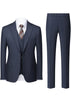 Navy blue suit with vest and pants on a white background