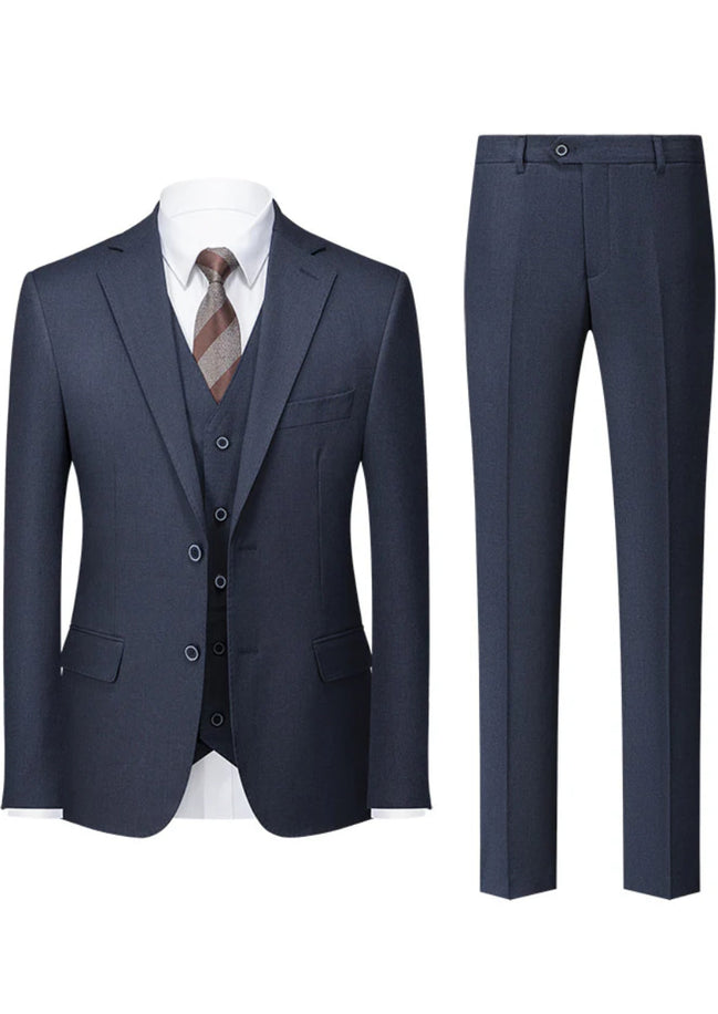 Navy blue suit with vest and pants on a white background