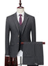 Gray pinstripe suit with a purple tie on a mannequin against a white background