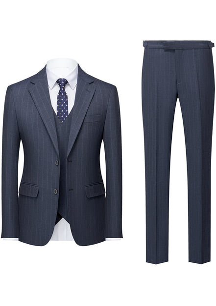 Gray pinstripe suit with jacket, vest, and pants on a white background