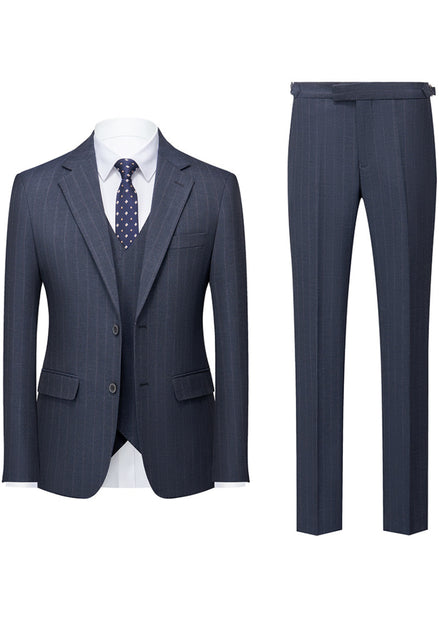 Gray pinstripe suit with jacket, vest, and pants on a white background
