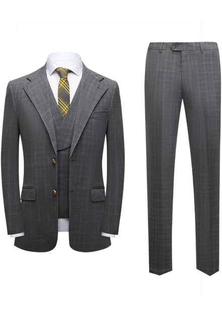 Gray checkered suit with jacket, vest, and pants on a white background