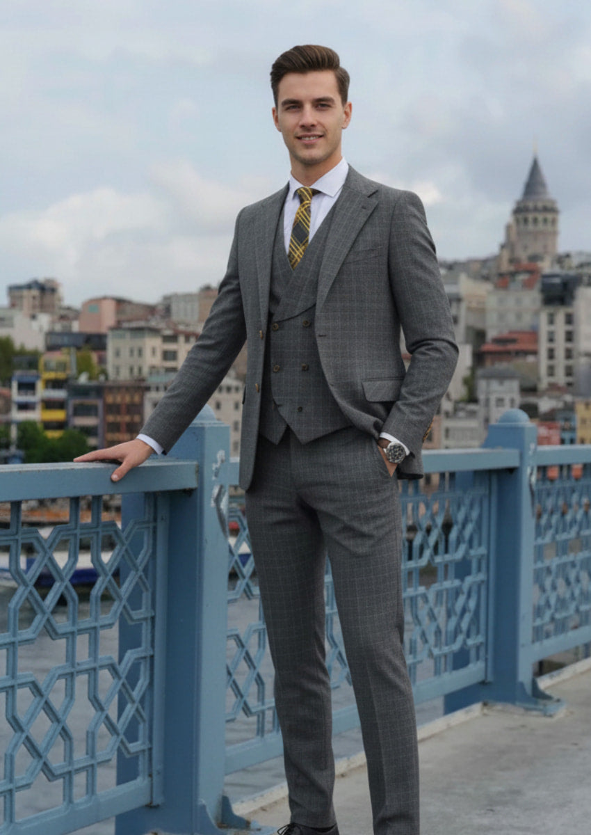 The Graphite Windowpane - Charcoal Grey Textured 3-Piece Suit Set