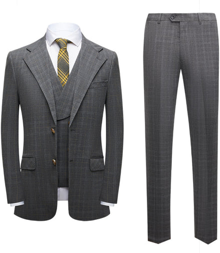 Gray checkered suit with jacket, vest, and pants on a white background