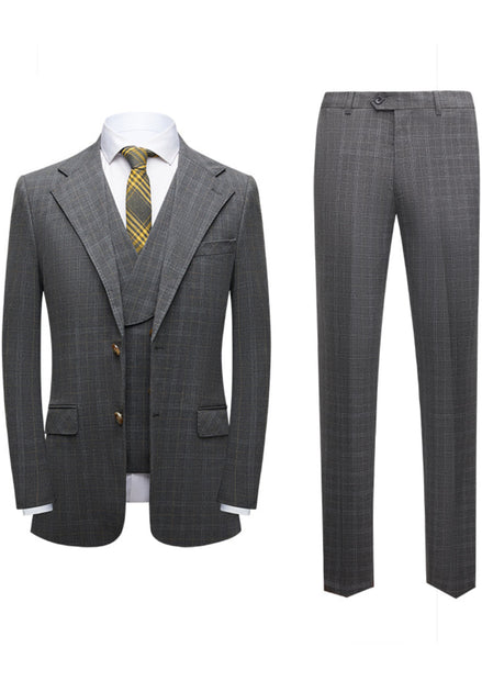 Gray checkered suit with jacket, vest, and pants on a white background