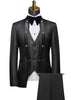 Black tuxedo with vest and pants on a mannequin against a white background