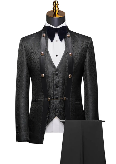 Black tuxedo with vest and pants on a mannequin against a white background