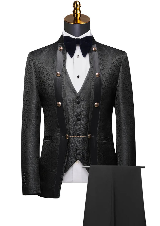 Black tuxedo with vest and pants on a mannequin against a white background