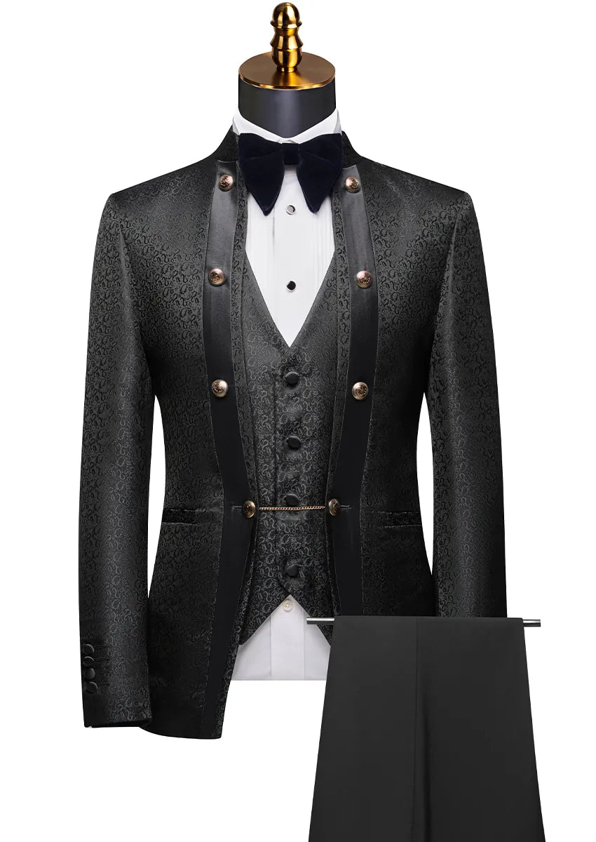 Black tuxedo with vest and pants on a mannequin against a white background
