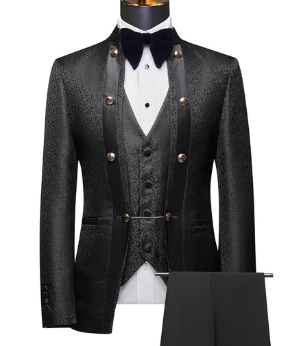 Black tuxedo with vest and pants on a mannequin against a white background