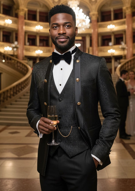 Stylish groom wearing all black tone-on-tone paisley tuxedo 3-piece set - Nevo Suits