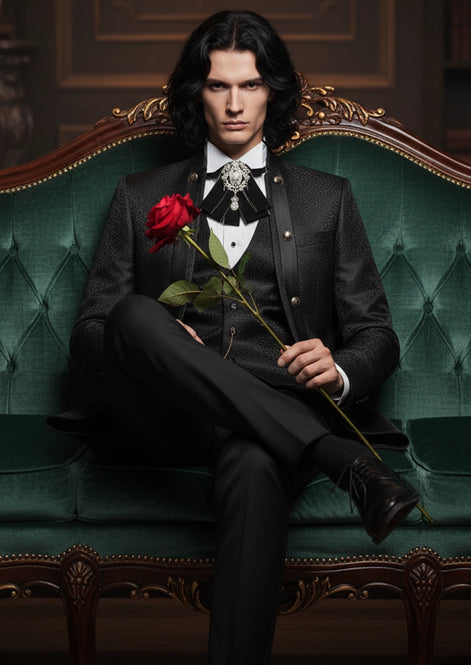 Man wearing The Imperial Mandarin black paisley stand collar tuxedo for prom and wedding - Nevo Suits