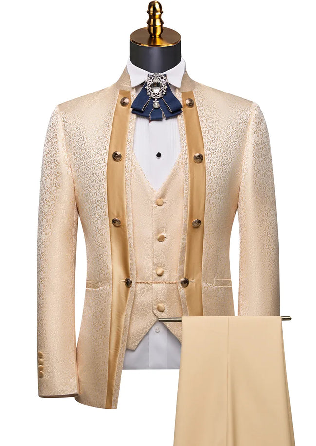 Beige suit with vest and pants on a mannequin against a white background