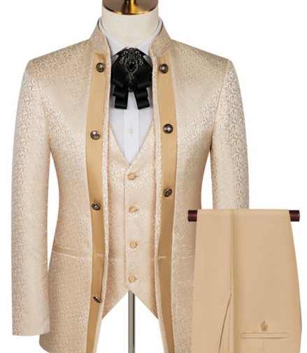 Beige suit with vest and pants on a mannequin against a white background