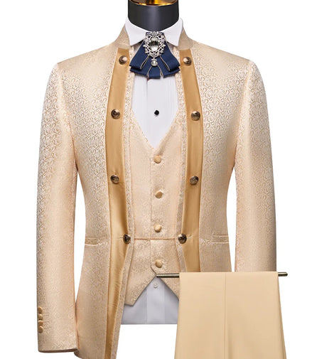 Beige suit with vest and pants on a mannequin against a white background